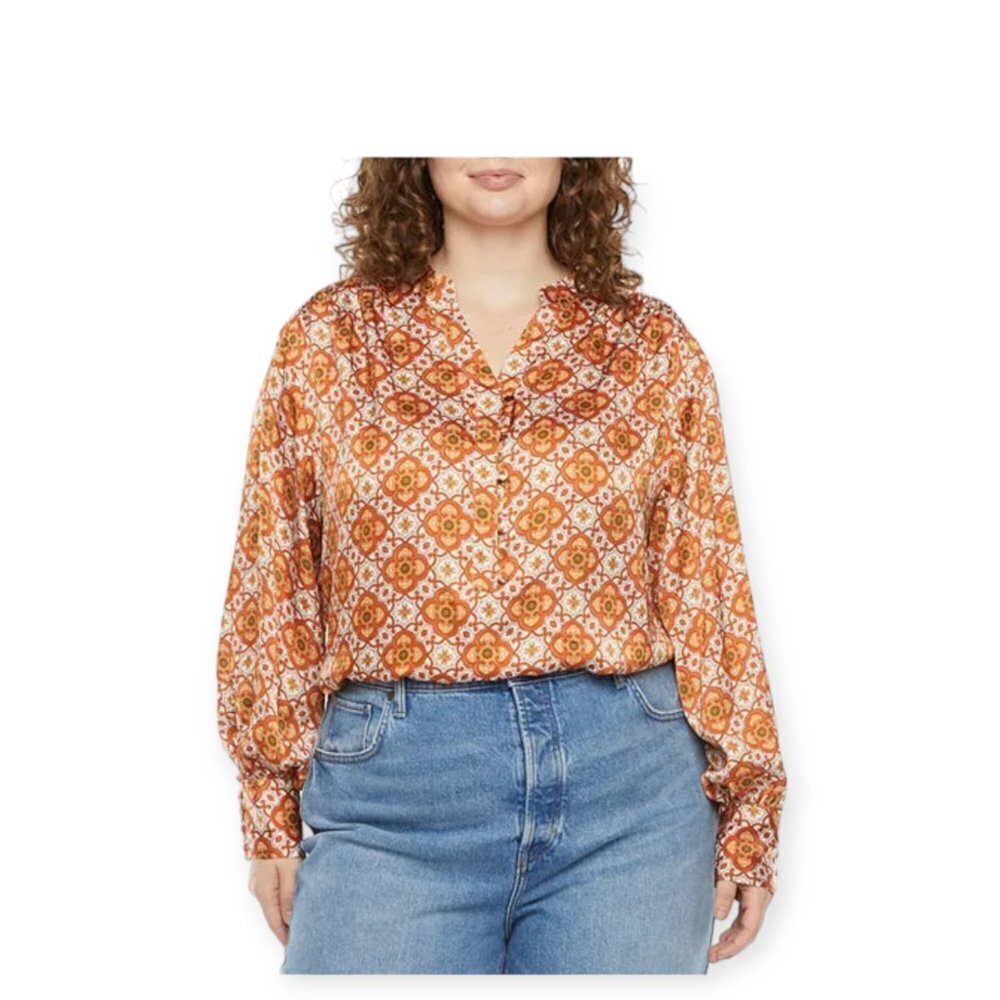 Ryegrass Orange Paisley Satin Poet Blouse Medium Silk-Look Boho Chic Top